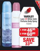 Yardley Lace Or White Satin Perfume Body Spray-For 2 x 150ml
