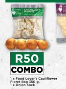 1 x Food Lover's Cauliflower Floret Bag 350g & 1 x Onion Sock Combo 