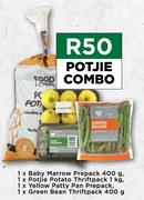 1 x Baby Marrow Prepack 400g, 1 x Potjie Potato Thriftpack 1kg, 1 x Yellow Patty Pan Prepack Combo