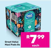 Great Value Maxi Pads-8s Each