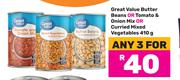 Great Value Butter Beans Or Tomato & Onion Mix Or Curried Mixed Vegetables-For 3 x 410g