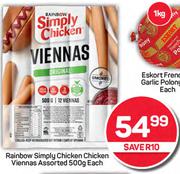 Rainbow Simply Chicken Viennas Assorted-500g Each