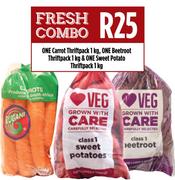 One Carrot Thriftpack 1Kg, One Beetroot Thriftpack 1Kg & One Sweet Potato Thriftpack 1Kg Combo