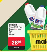 Clover Fresh Milk Full Cream Or Low Fat-2L Each