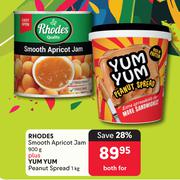 Rhodes Smooth Apricot Jam 900g Plus Yum Yum Peanut Spread 1Kg-Both For
