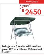 Swing Chair 3 Seater With Cushion Green 167cm x 113cm x 155cm Steel