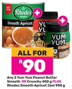 Any 2 Yum Yum Peanut Butter(Smooth Or Crunchy) 400g & Rhodes Smooth Apricot Jam 900g-For All