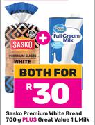 Sasko Premium White Bread 700g Plus Great Value Milk 1Ltr-For Both