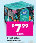 Great Value Maxi Pads-8's Pack Each