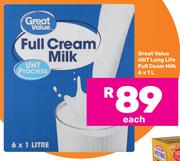 Great Value UHT Long Life Full Cream Milk-6 x 1Ltr 