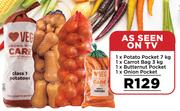 1 x Potato Pocket 7kg, 1 x Carrot Bag 3kg, 1 x Butternut Pocket, 1 x Onion Pocket