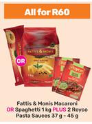 Fattis & Monis Macaroni Or Spaghetti 1kg Plus 2 Royco Pasta Sauces 37g/45g-For All