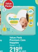 Pampers Value Pack Premium Care Nappies Sizes 1-2-Per Pack