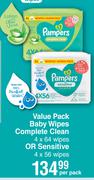 Pampers Value Pack Baby Wipes Complete Clean 4 x 64 Wipes Or Sensitive 4 x 56 Wipes-Per Pack