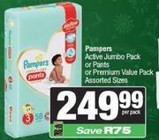 Pampers Active Jumbo Pack Or Pants Or Premium Value Pack Assorted Sizes-Per Pack