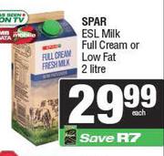 Spar ESL Milk Full Cream Or Low Fat-2Ltr Each