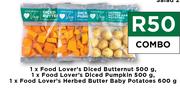 1 x Food Lovers Diced Butternut 500g, Diced Pumpkin 500g & Herbed Butter Baby Potatoes 600g Combo
