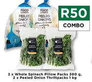 2 x Whole Spinach Pillow Packs 300g & 2 x Peeled Onion Thriftpacks 1Kg Combo
