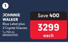 Johnnie Walker Blue Label Plus 2 Crystal Glasses-750ml Each