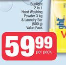 Sunlight 2 In 1 Handwashing Powder 3kg & Laundry Bar 500g-Per Pack