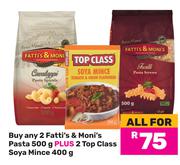 Any 2 Fatti's & Moni's Pasta 500g Plus 2 Top Class Soya Mince 400g-For All