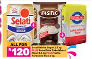 Selati White Sugar 2.5kg Plus Snowflake Cake Wheat Flour 2.5kg Plus Tastic Parboiled Rice 2kg-For Al
