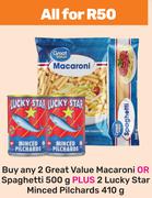2 x Great value Macaroni Or Spaghetti 500g Plus 2 x Lucky Star Minced Pichards 410g-All For