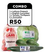 1 x Lettuce Prepack, 1 x English Cucumber, 1 x Tomato Thriftpack, 2 x Avocados-Combo