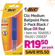 BIC Click Medium Ballpoint Pens 2-Pack (Black/Blue Or Red)- Per Pack