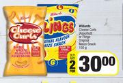 Willards Cheese Curls Or Flings Original Maize Snack-For 2 x 150g