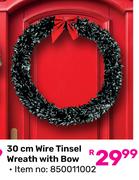 30cm Wire Tinsel Wreath With Bow