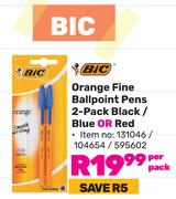 Bic Orange Fine Ballpoint Pens 2 Pack Black/Blue Or Red-Per Pack