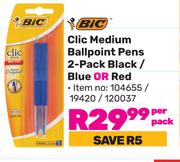 Bic Clic Medium Ball Point Pens 2 Pack Black/Blue Or Red-Per Pack