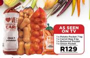 1 x Potato Pocket 7kg, 1 x Carrot Bag 3kg, 1 x Butternut Pocket, 1 x Onion Pocket