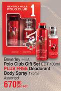 Beverley Hills Polo Club Gift Set (EDT 100ml Plus Free Deodorant Body Spray 175ml Assorted)-Per Set
