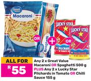 2xGreat Value Macaroni Or Spaghetti 500g + 2xLucky Star Pilchards In Tomato Or Chilli Sauce 155g-All