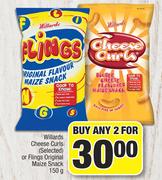 Willards Cheese Curls Or Flings Original Maize Snack-For Any 2 x 150g