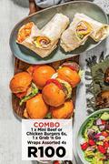1 x Mini Beef Or Chicken Burgers 6s, 1 x Grab n Go Wraps Assorted 4s-Combo