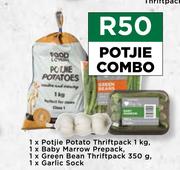 Potjie Potato Thriftpack 1kg, Baby Marrow Prepack, Green Bean Thriftpack 350g Potjie Combo