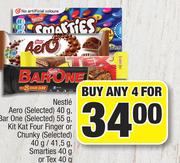 Nestle Aero 40g, BarOne 55g, KitKat Four Finger Or Chunky 40g/41.5g, Smarties 40g/Tex 40g-For Any 4