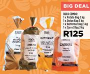 Bulk Combo Of Potato Bag 3kg, Onion Bag 3Kg, Butternut Bag 3Kg & Carrot Bag 3Kg-Per Combo