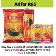 Sunblest Spaghetti Or Macaroni 2 x 500g Plus Lucky Star Soya Mince 2 x 400g-All For