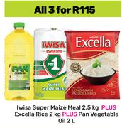 Iwisa Super Maize Meal 2.5Kg + Excella Rice 2Kg Plus Pan Vegetable Oil 2L-For 3