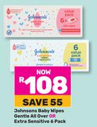 Johnson's Baby Wipes Gentle All Over Or Extra Sensitive 6 Pack