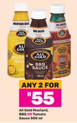 All Gold Mustard, BBQ Or Tomato Sauce-For Any 2 x 500ml