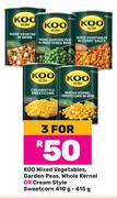 Koo Mixed Vegetables, Garden Peas, Whole Kernel Or Cream Style Sweetcorn-For 3 x 410g-415g