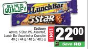 Cadbury Astros,5 Star,P.S,Lunch Bar Or Crunchie Assorted-For 2 x 40g/44g/48g/48.5g