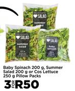 Baby Spinach 200g, Summer Salad 200g Or Cos Lettuce 250g Pillow Packs-For 3