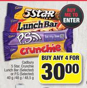 Cadbury 5 Star, Crunchie Lunch Bar (Selected) Or P.S (Selected)-For Any 4 x 40g/48g/48.5g