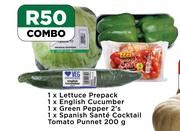 Lettuce Prepack, English Cucumber, Green Pepper 2's, Spanish Sante Cocktail Tomato Punnet 200g Combo